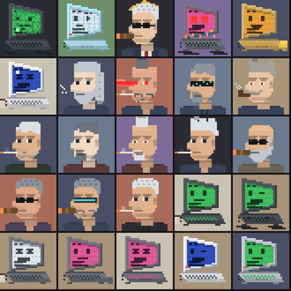 A 5×5 grid of Hunter pixel-art characters and laptops